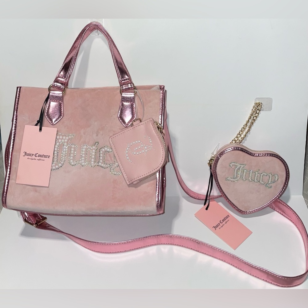 Juicy Couture String Of Pearls y2k Velour Mini Tote Bag+Wallet Set Pink Diamond